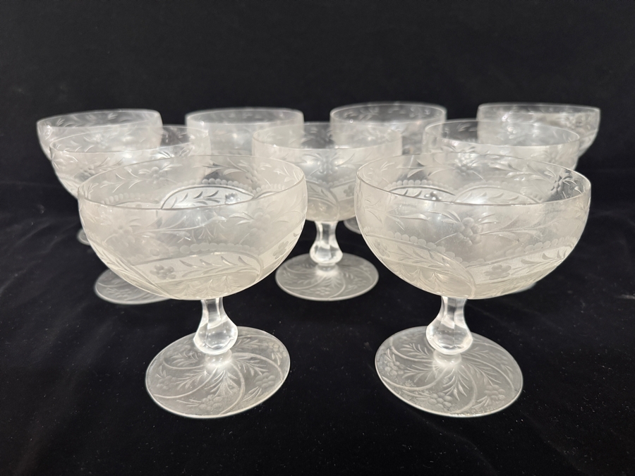 Set Of 9 Vintage French Chaumette Frosted Glass Pedestal Compote Dessert Bowls Featuring Etched Floral Leaf Vine Pattern 5'H [Photo 3]