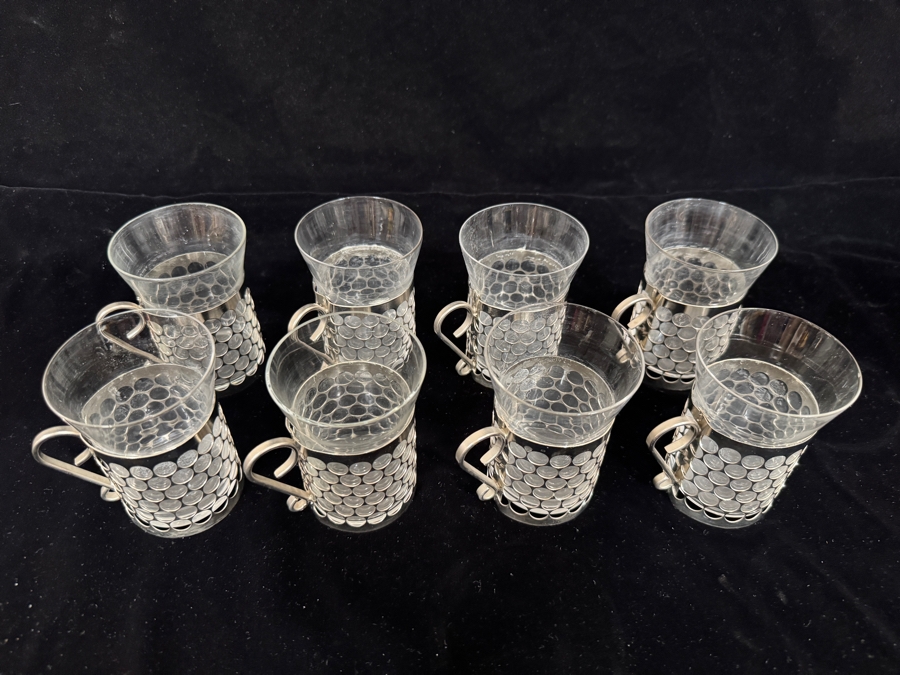 Set Of 8 Gullaskruf Royal Krona Sweden Mid-Century Modern Clear Glass Irish Coffee Tea Cups In Perforated Metal Holders 4'H [Photo 3]