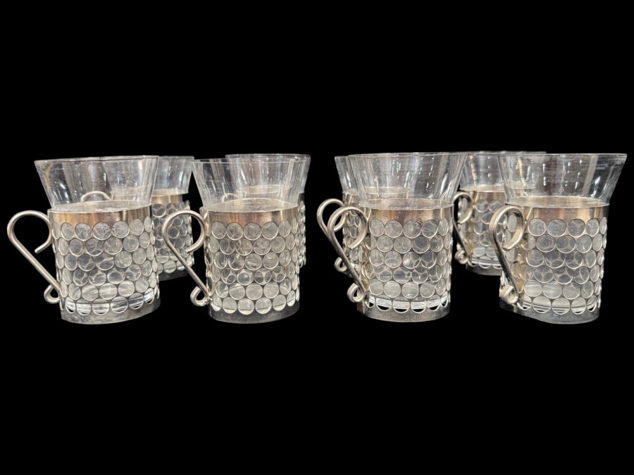 Set Of 8 Gullaskruf Royal Krona Sweden Mid-Century Modern Clear Glass Irish Coffee Tea Cups In Perforated Metal Holders 4'H