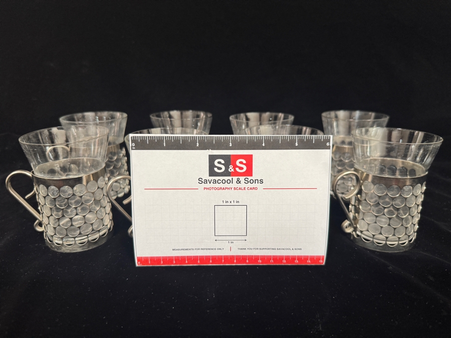 Set Of 8 Gullaskruf Royal Krona Sweden Mid-Century Modern Clear Glass Irish Coffee Tea Cups In Perforated Metal Holders 4'H [Photo 5]