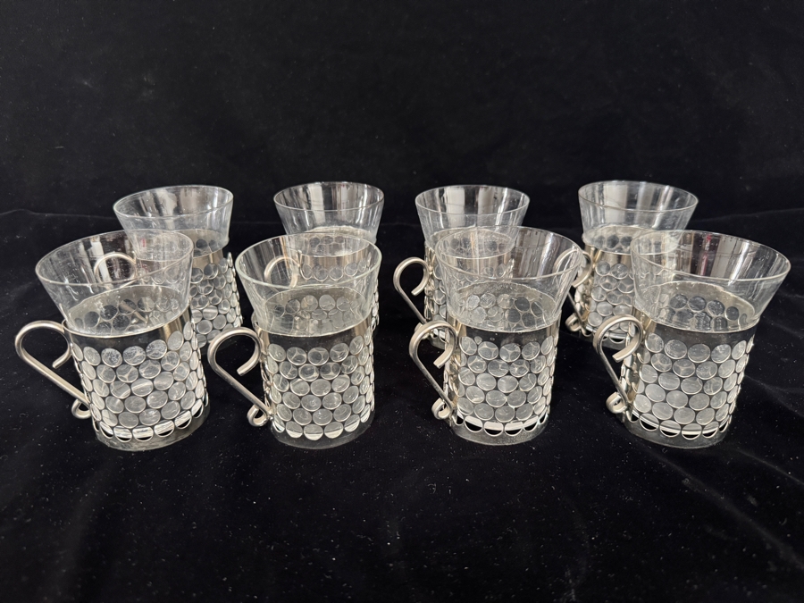 Set Of 8 Gullaskruf Royal Krona Sweden Mid-Century Modern Clear Glass Irish Coffee Tea Cups In Perforated Metal Holders 4'H [Photo 2]