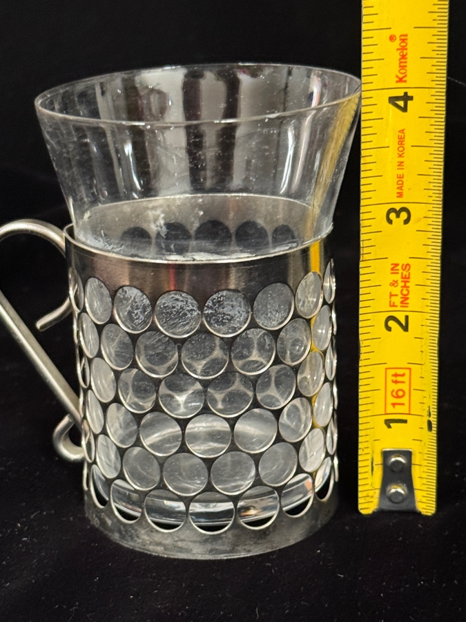 Set Of 8 Gullaskruf Royal Krona Sweden Mid-Century Modern Clear Glass Irish Coffee Tea Cups In Perforated Metal Holders 4'H [Photo 4]
