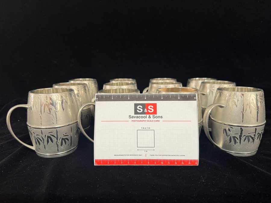 12 Vintage Kagoshima Tin Co Satsuma Tinware Bamboo Barrel Mugs Set with Original Care Slip 4.25'H [Photo 5]