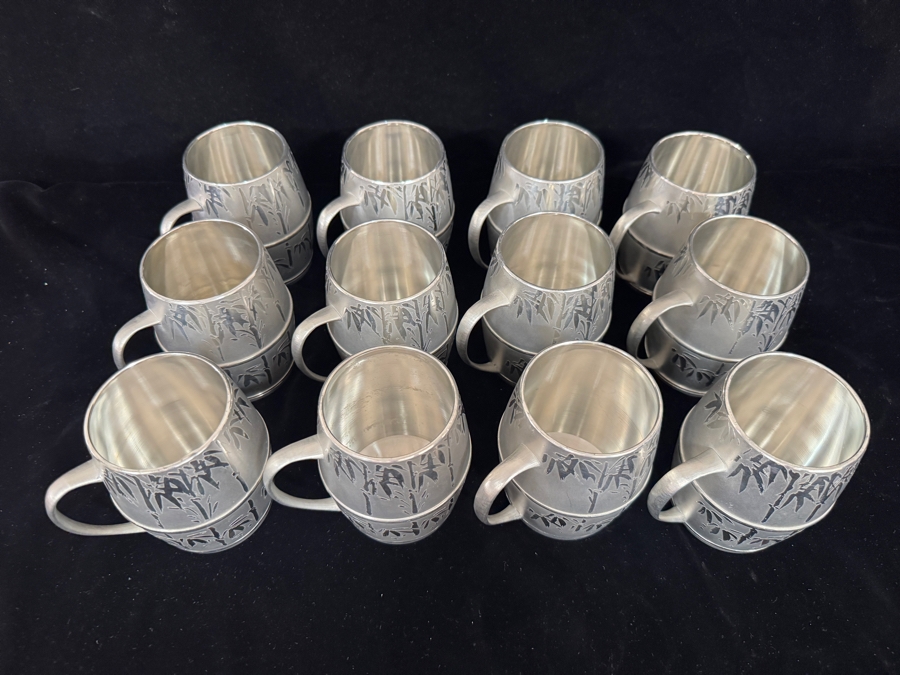 12 Vintage Kagoshima Tin Co Satsuma Tinware Bamboo Barrel Mugs Set with Original Care Slip 4.25'H [Photo 3]