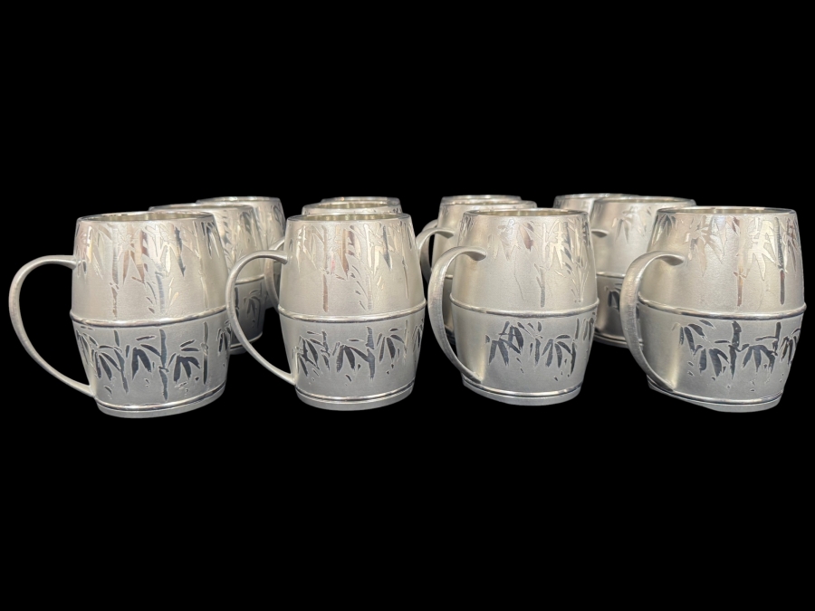 12 Vintage Kagoshima Tin Co Satsuma Tinware Bamboo Barrel Mugs Set with Original Care Slip 4.25'H