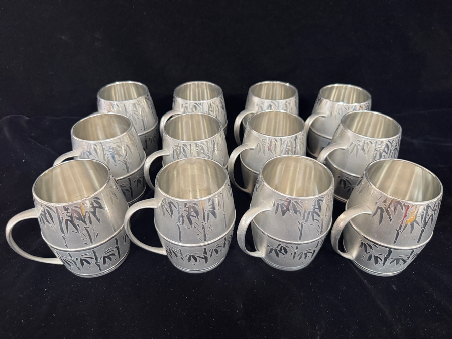 12 Vintage Kagoshima Tin Co Satsuma Tinware Bamboo Barrel Mugs Set with Original Care Slip 4.25'H [Photo 2]