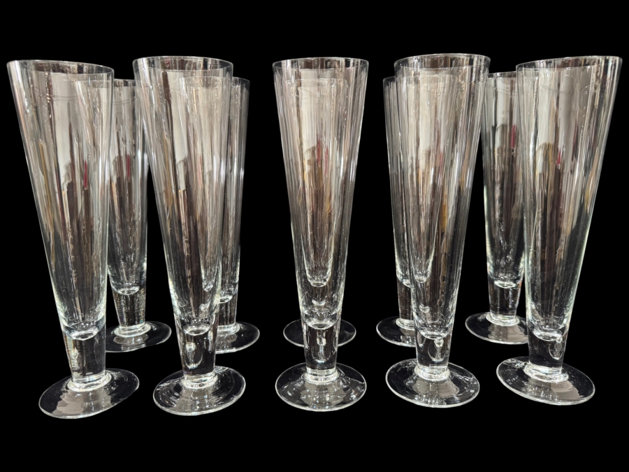 Set of 10 Vintage MCM Conical Crystal Pilsner Beer Glasses with Teardrop Bubble Base 10'H