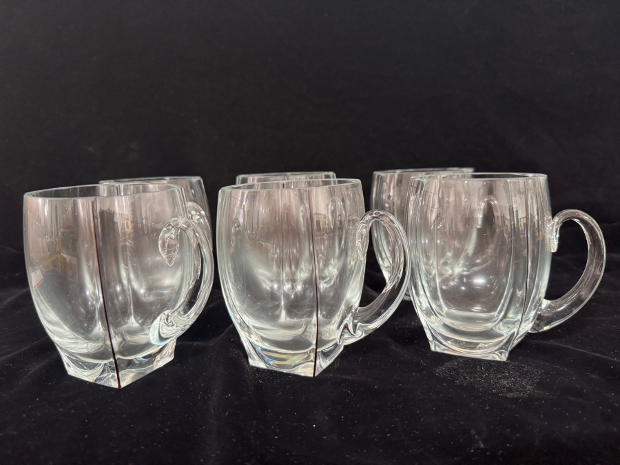 Set of 6 Vintage MCM Clear Crystal Glass Mugs with Red Corner Accent Lines 4.75'H
