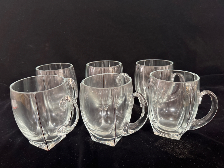 Set of 6 Vintage MCM Clear Crystal Glass Mugs with Red Corner Accent Lines 4.75'H [Photo 2]