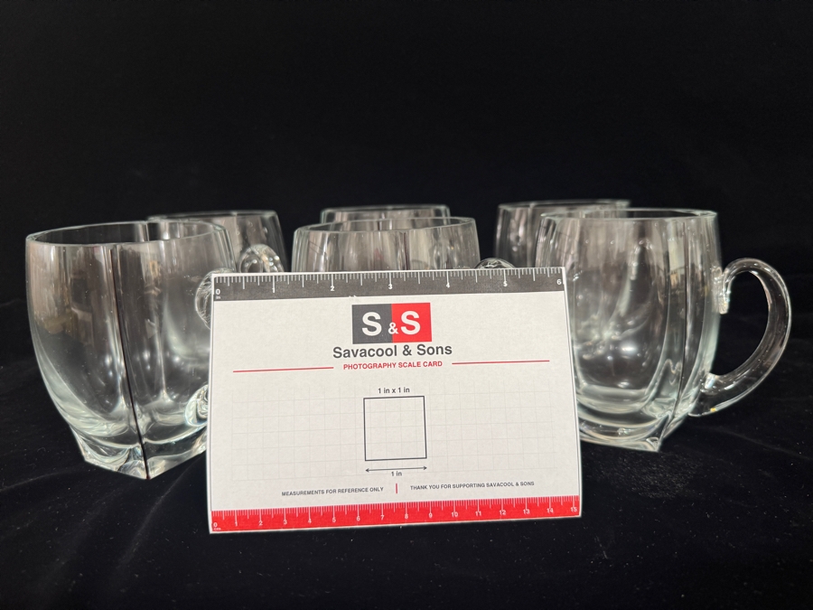 Set of 6 Vintage MCM Clear Crystal Glass Mugs with Red Corner Accent Lines 4.75'H [Photo 6]