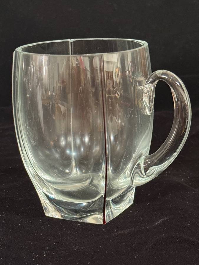 Set of 6 Vintage MCM Clear Crystal Glass Mugs with Red Corner Accent Lines 4.75'H [Photo 5]