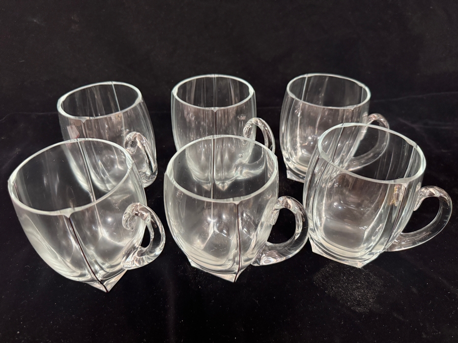 Set of 6 Vintage MCM Clear Crystal Glass Mugs with Red Corner Accent Lines 4.75'H [Photo 3]