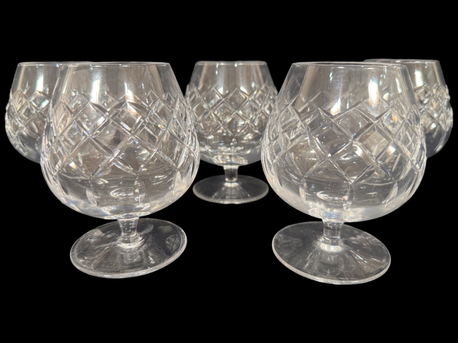 Set of 5 Vintage Criss Cross Diamond Cut Lead Crystal Brandy Glasses 4.5'H