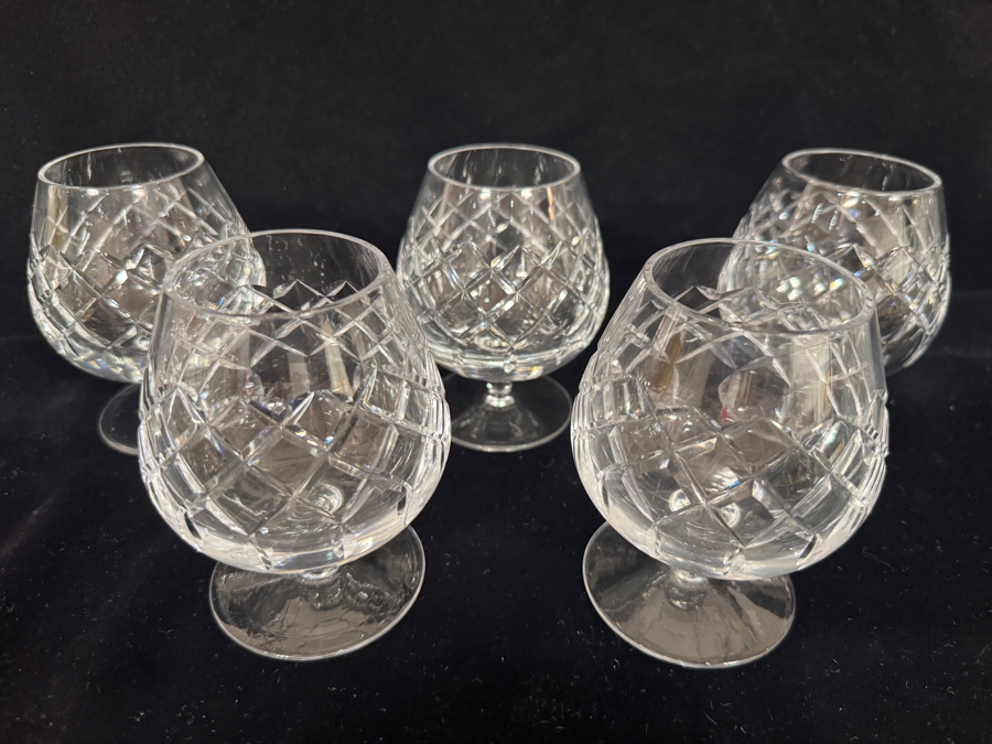 Set of 5 Vintage Criss Cross Diamond Cut Lead Crystal Brandy Glasses 4.5'H [Photo 3]