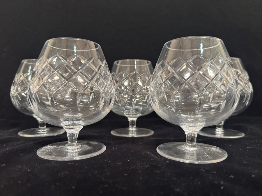 Set of 5 Vintage Criss Cross Diamond Cut Lead Crystal Brandy Glasses 4.5'H [Photo 2]