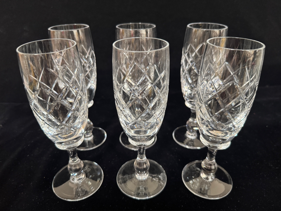 Set of 5 Vintage Criss Cross Cut Lead Crystal Toasting Flute Glasses 7.25'H [Photo 2]