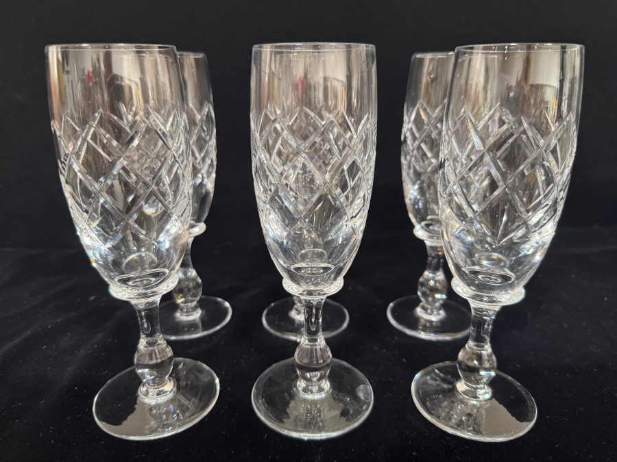 Set of 5 Vintage Criss Cross Cut Lead Crystal Toasting Flute Glasses 7.25'H