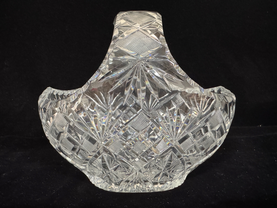 Bohemian Cut Glass Brides Basket Vintage Clear Crystal Star Burst Centerpiece Bowl 9'W X 8'H