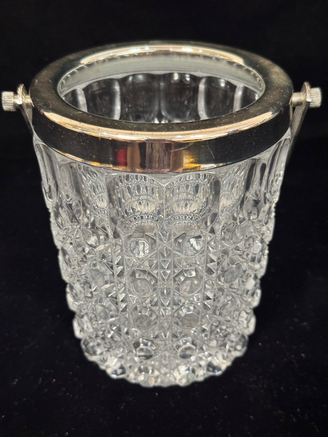 Vintage Mid-Century Lead Crystal Ice Bucket With Polished Metal Rim And Swinging Bail Handle 4.25'W X 5.25'H [Photo 4]