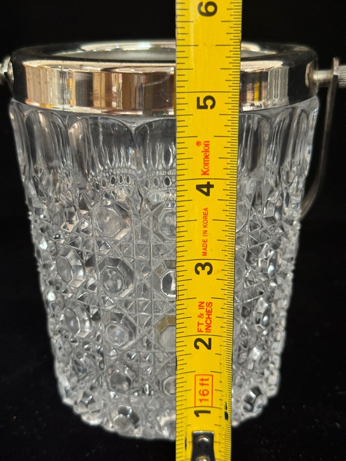Vintage Mid-Century Lead Crystal Ice Bucket With Polished Metal Rim And Swinging Bail Handle 4.25'W X 5.25'H [Photo 6]
