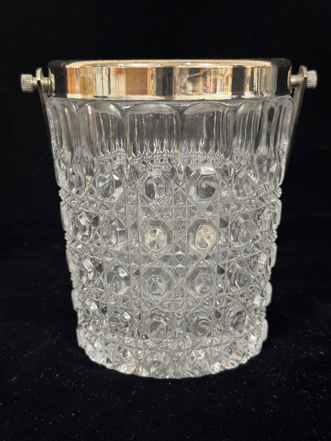 Vintage Mid-Century Lead Crystal Ice Bucket With Polished Metal Rim And Swinging Bail Handle 4.25'W X 5.25'H [Photo 3]