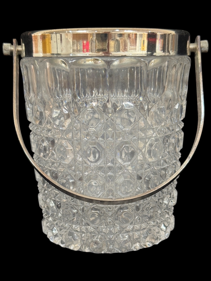 Vintage Mid-Century Lead Crystal Ice Bucket With Polished Metal Rim And Swinging Bail Handle 4.25'W X 5.25'H