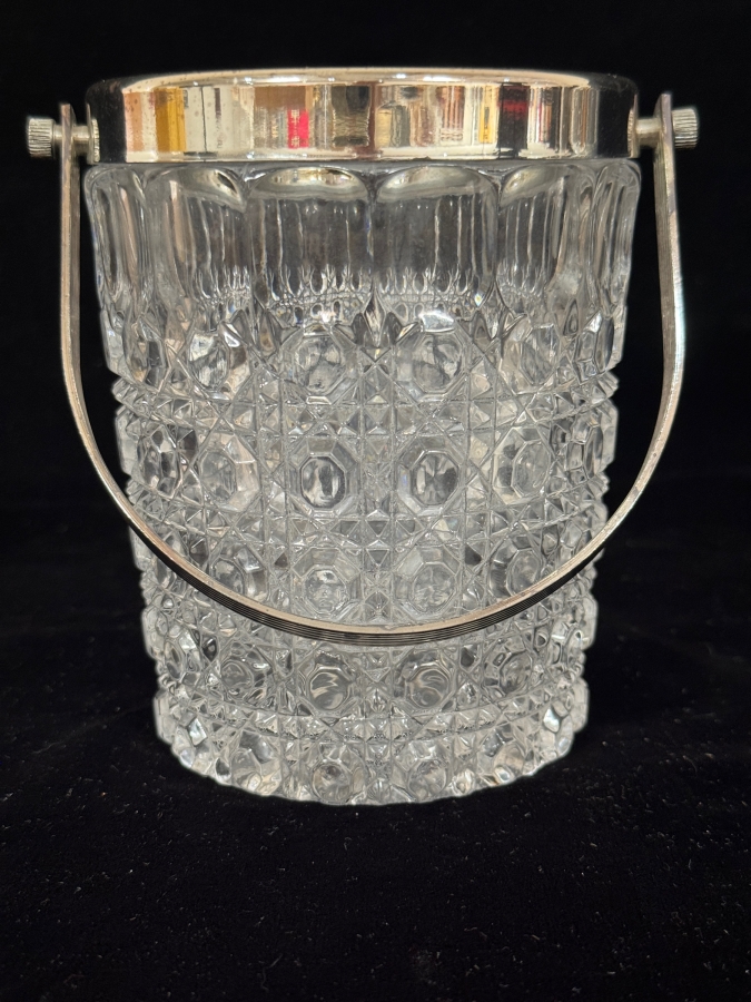 Vintage Mid-Century Lead Crystal Ice Bucket With Polished Metal Rim And Swinging Bail Handle 4.25'W X 5.25'H [Photo 2]
