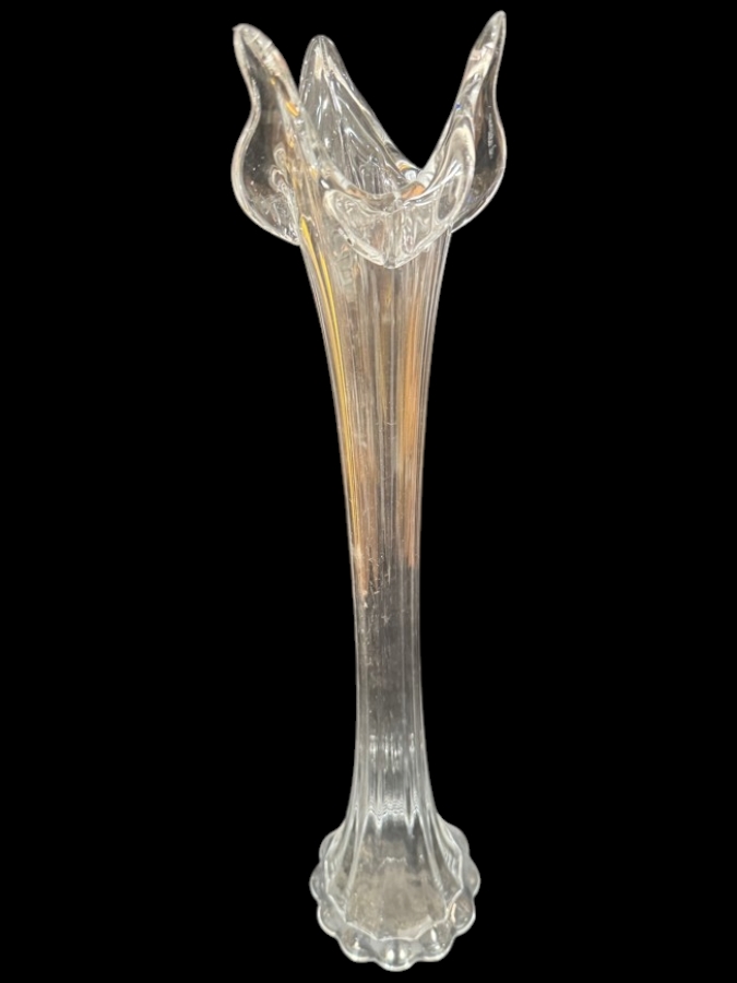 Vintage Mid-Century Modern Clear Swung Glass Tall Ribbed Pedestal Art Glass Vase 26.5'H