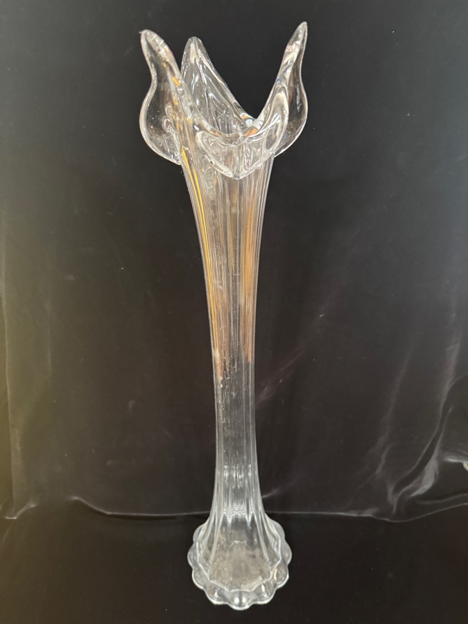 Vintage Mid-Century Modern Clear Swung Glass Tall Ribbed Pedestal Art Glass Vase 26.5'H [Photo 3]