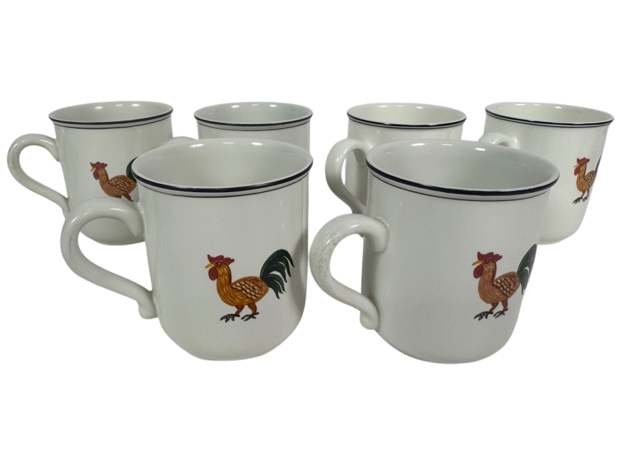 (6) Vintage Villeroy And Boch Design Naif Pattern Premium Porcelain Coffee Mugs Featuring Rooster Farmhouse Motif