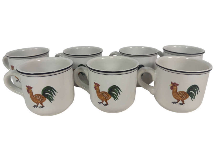 (6) Vintage Villeroy And Boch Design Naif Pattern Premium Porcelain Demitasse Espresso Cups Featuring Rooster Motif