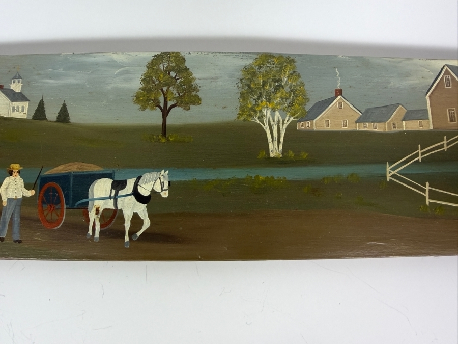 Americana Folk Art Country Landscape Scene Hand Painted On Wooden Barrel Stave Signed By Jean Colquhoun 29.5 X 4.75 [Photo 5]