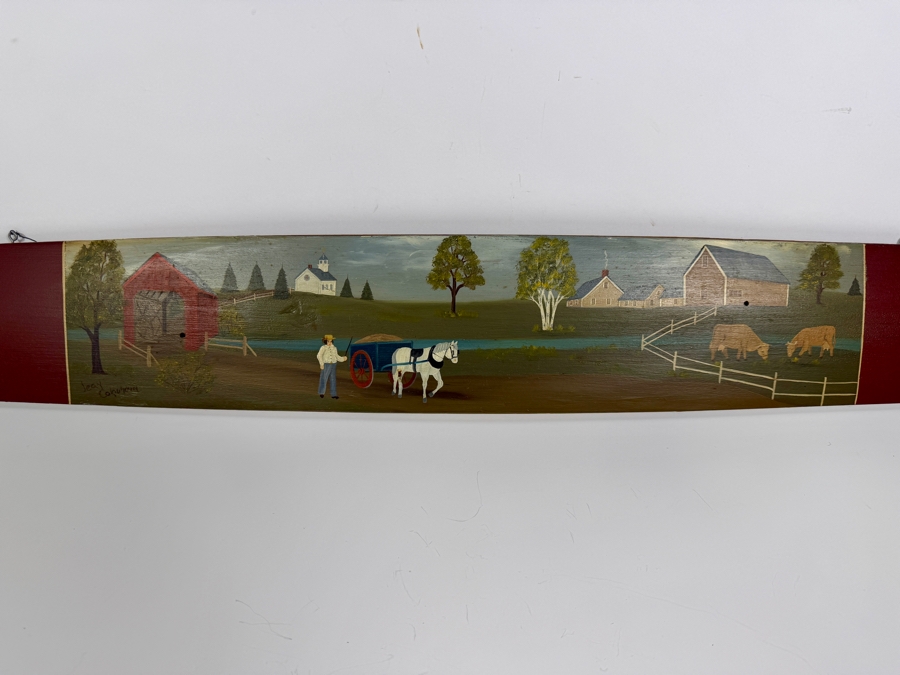 Americana Folk Art Country Landscape Scene Hand Painted On Wooden Barrel Stave Signed By Jean Colquhoun 29.5 X 4.75 [Photo 2]