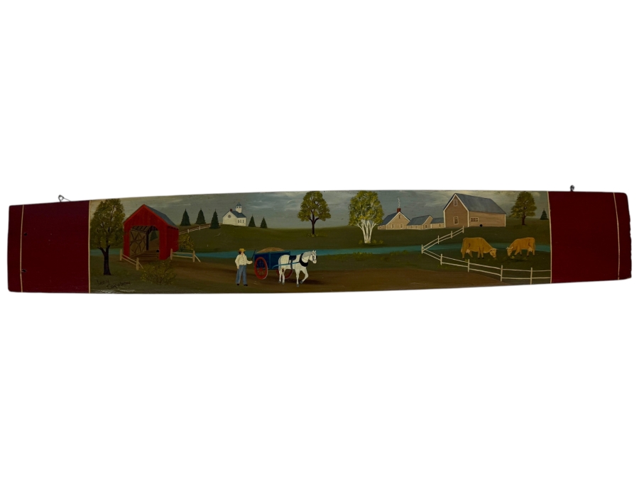Americana Folk Art Country Landscape Scene Hand Painted On Wooden Barrel Stave Signed By Jean Colquhoun 29.5 X 4.75