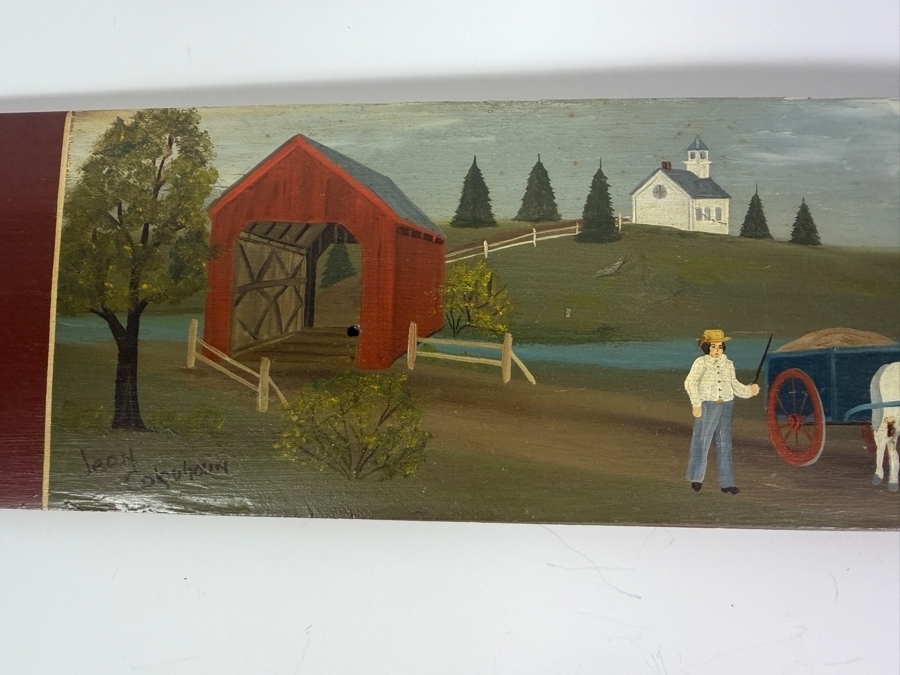 Americana Folk Art Country Landscape Scene Hand Painted On Wooden Barrel Stave Signed By Jean Colquhoun 29.5 X 4.75 [Photo 4]