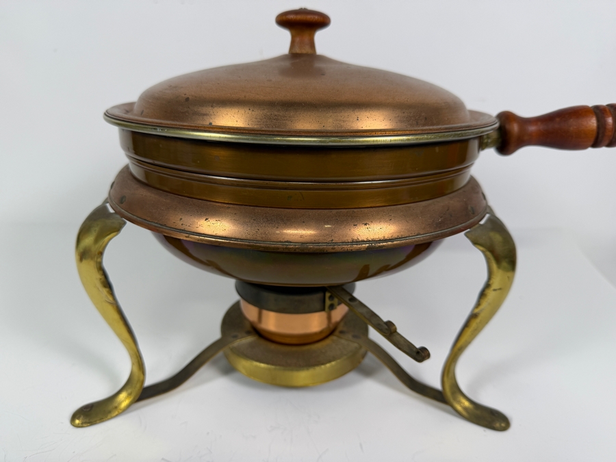 Vintage Copper And Brass Chafing Dish Fondue Set On Stand With Burner [Photo 2]