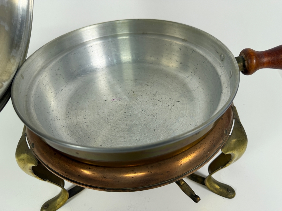 Vintage Copper And Brass Chafing Dish Fondue Set On Stand With Burner [Photo 4]
