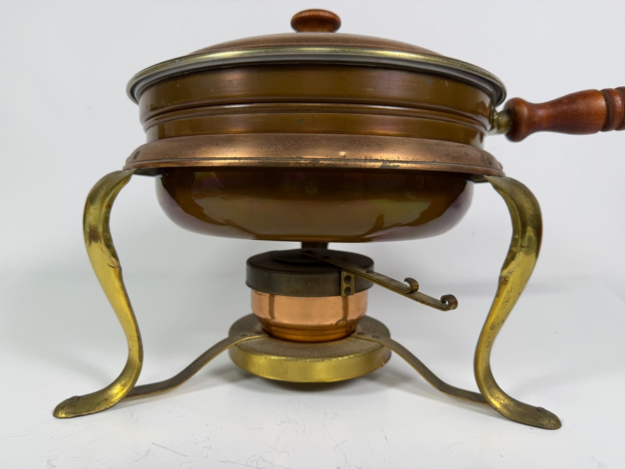 Vintage Copper And Brass Chafing Dish Fondue Set On Stand With Burner [Photo 3]