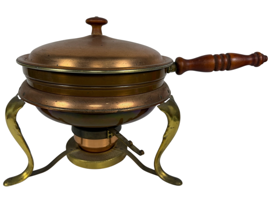Vintage Copper And Brass Chafing Dish Fondue Set On Stand With Burner