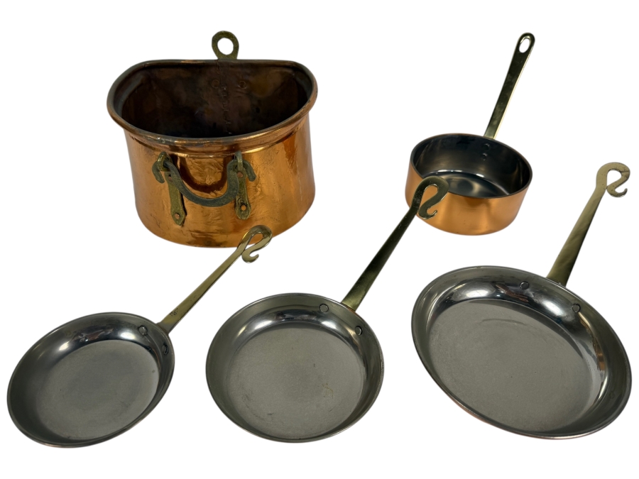 Vintage Small French Style Copper Cookware Set Five Pieces Including Skillets Saucepan And Wall Hanging Pot