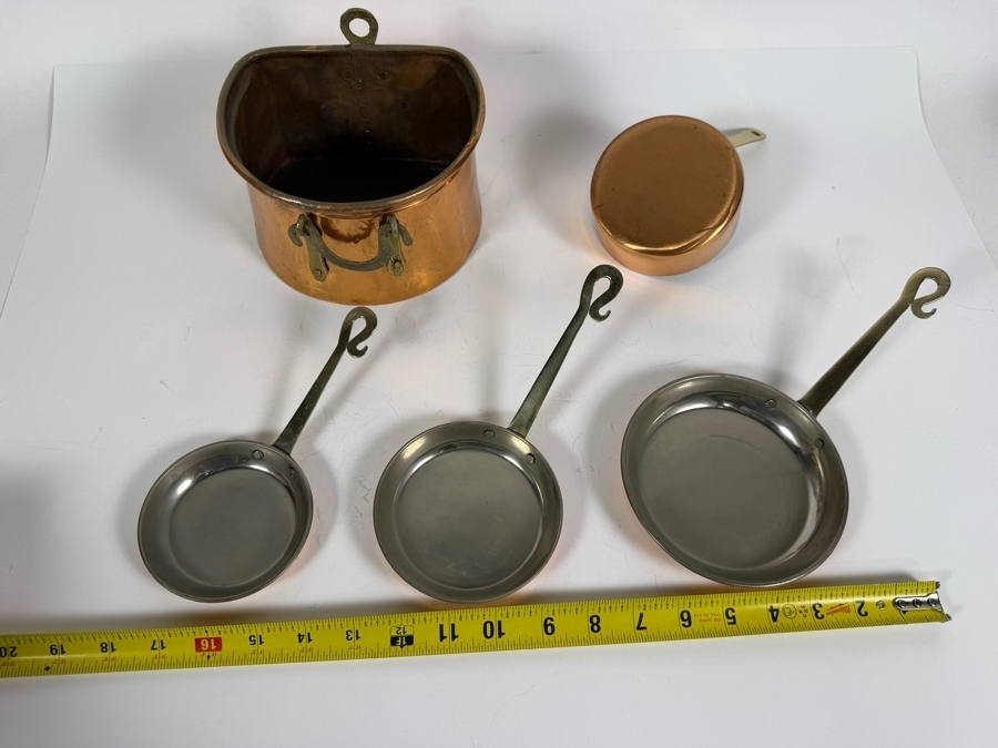 Vintage Small French Style Copper Cookware Set Five Pieces Including Skillets Saucepan And Wall Hanging Pot [Photo 5]