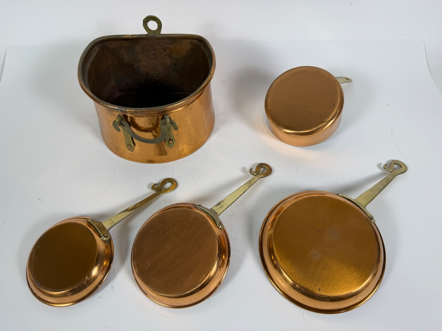 Vintage Small French Style Copper Cookware Set Five Pieces Including Skillets Saucepan And Wall Hanging Pot [Photo 3]