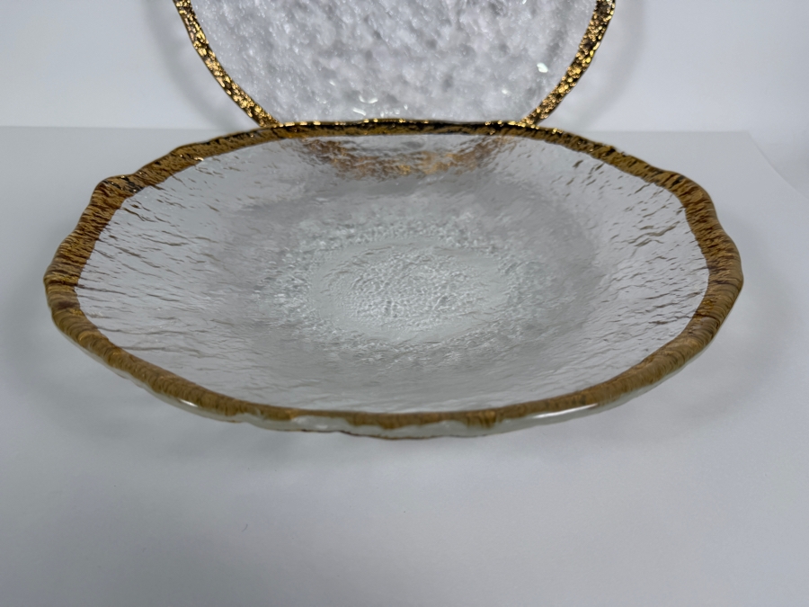 Vintage IVV Italian Glacier Ice Textured Art Glass Platter And Shallow Serving Bowl Set With 10K Gold Trim 14'W [Photo 3]