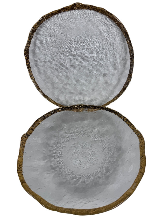 Vintage IVV Italian Glacier Ice Textured Art Glass Platter And Shallow Serving Bowl Set With 10K Gold Trim 14'W