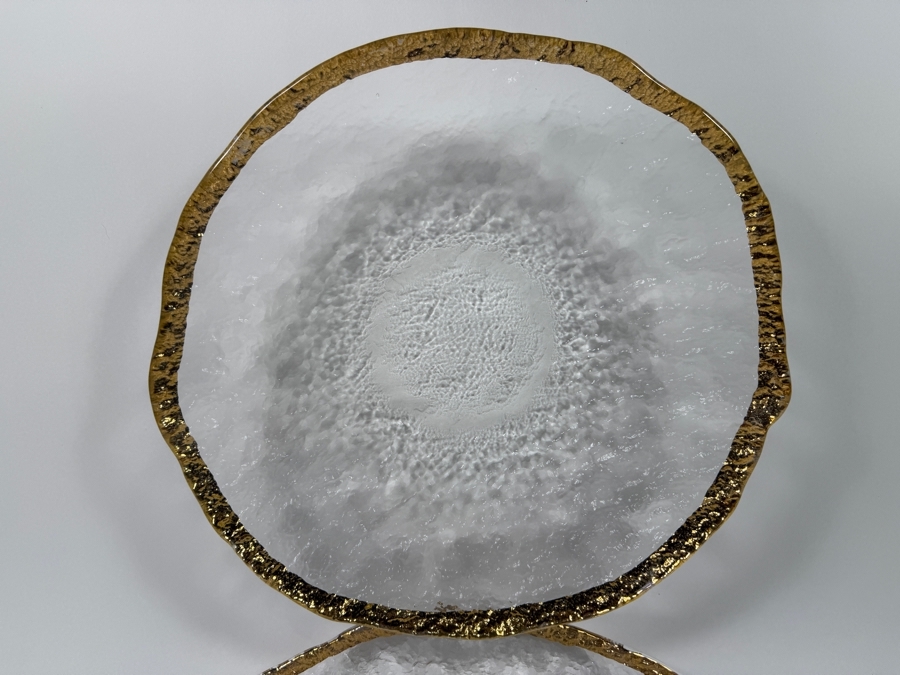 Vintage IVV Italian Glacier Ice Textured Art Glass Platter And Shallow Serving Bowl Set With 10K Gold Trim 14'W [Photo 2]