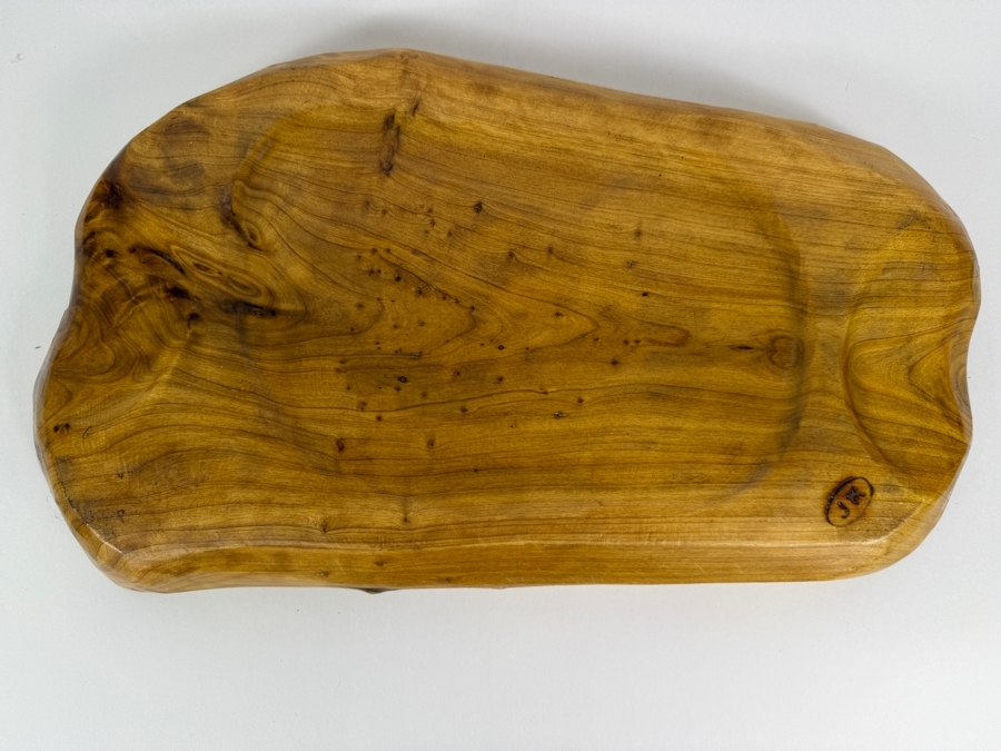 Mid-Century Modern Hand Carved Live Edge Burl Wood Freeform Serving Tray Bowl Signed JK 18' X 10' [Photo 4]