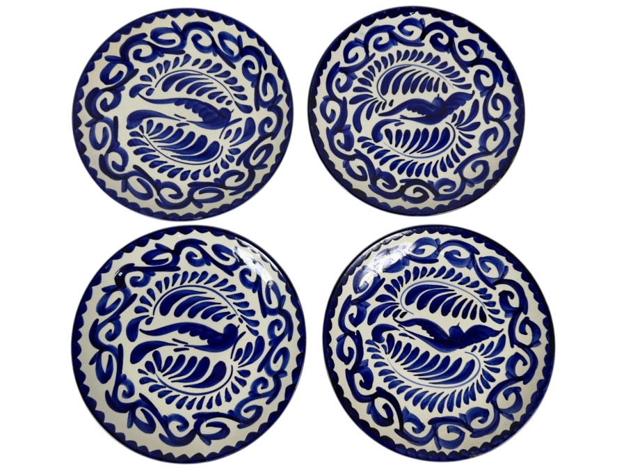 Set Of Four Vintage Anfora Mexico Puebla Blue Hand Painted Bird Ceramic Plates 9.25'W