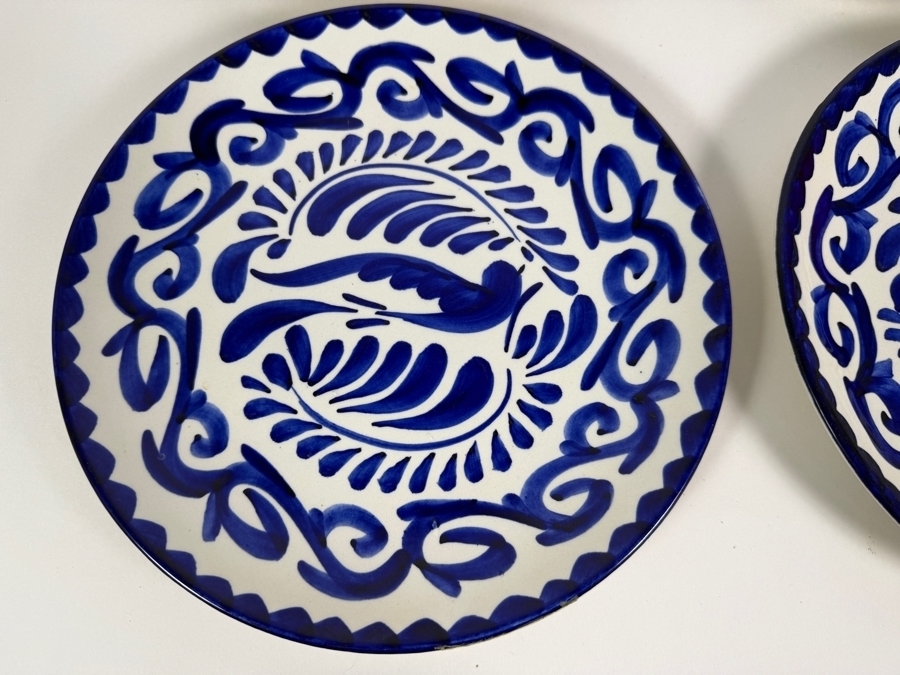 Set Of Four Vintage Anfora Mexico Puebla Blue Hand Painted Bird Ceramic Plates 9.25'W [Photo 2]