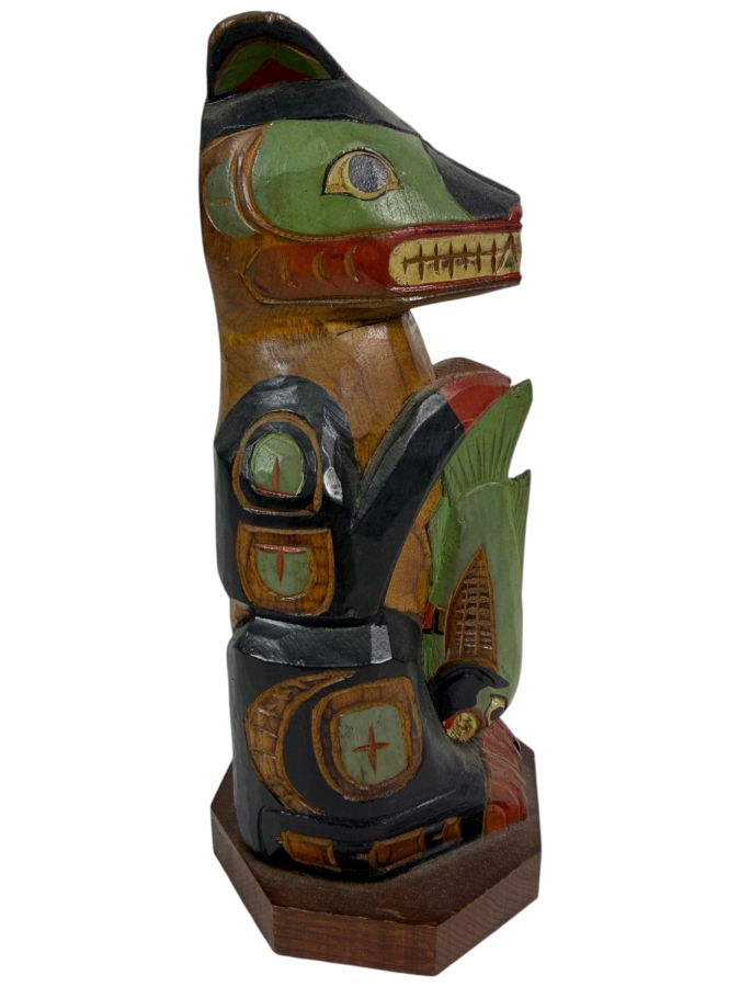 Signed Hand-carved and Painted Wooden Miniature Totem Pole Made in Alaska 9'H