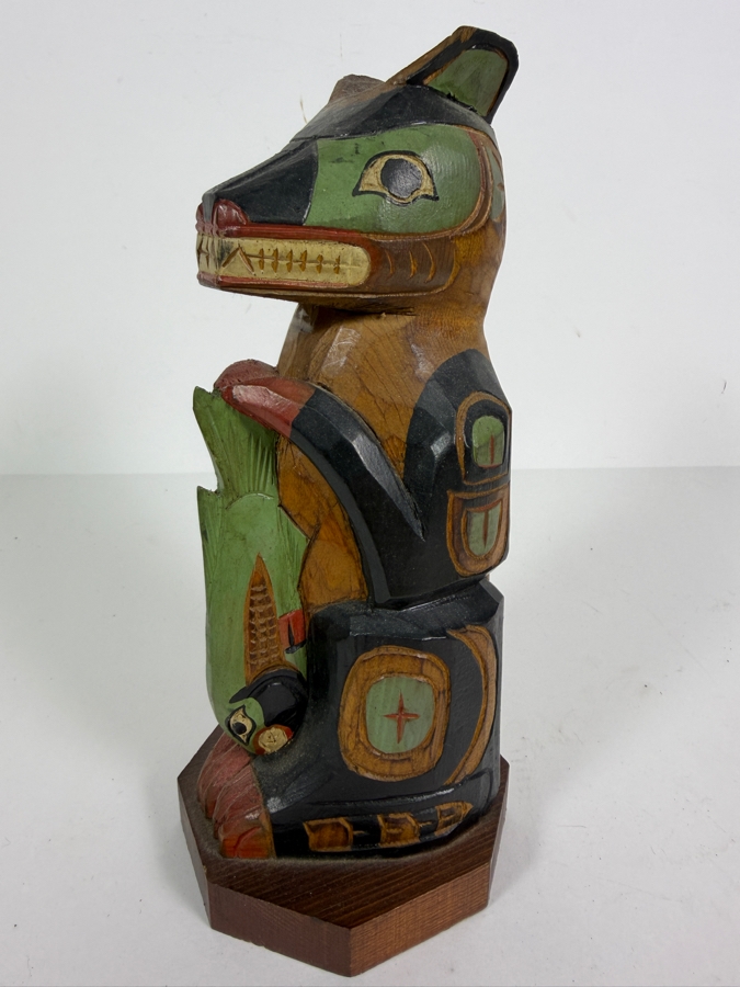 Signed Hand-carved and Painted Wooden Miniature Totem Pole Made in Alaska 9'H [Photo 2]
